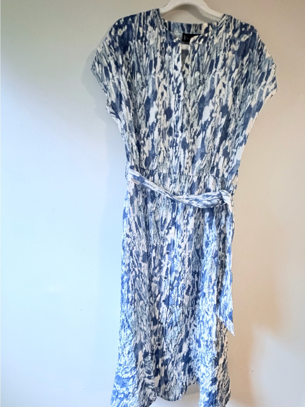bobeau Blue and White Printed Maxi Dress with Tie Belt